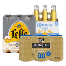 Hertog Jan 0.0%, Corona Cero 0.0%, Leffe blond 0.0% of Tripel Karmeliet 0.4%